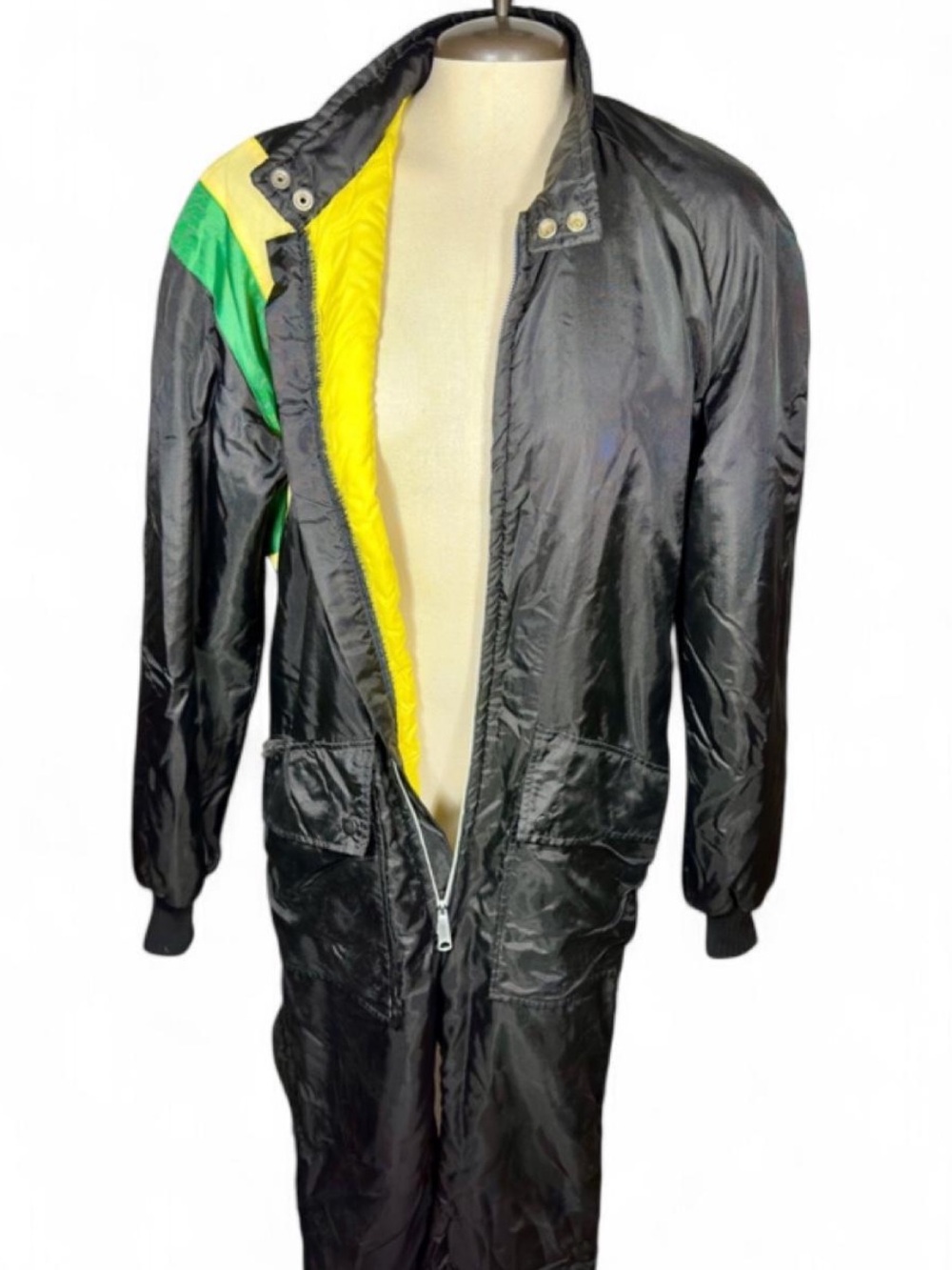 John Deere Black One-Piece Ski Suit with Green and Yellow Shoulder Panels